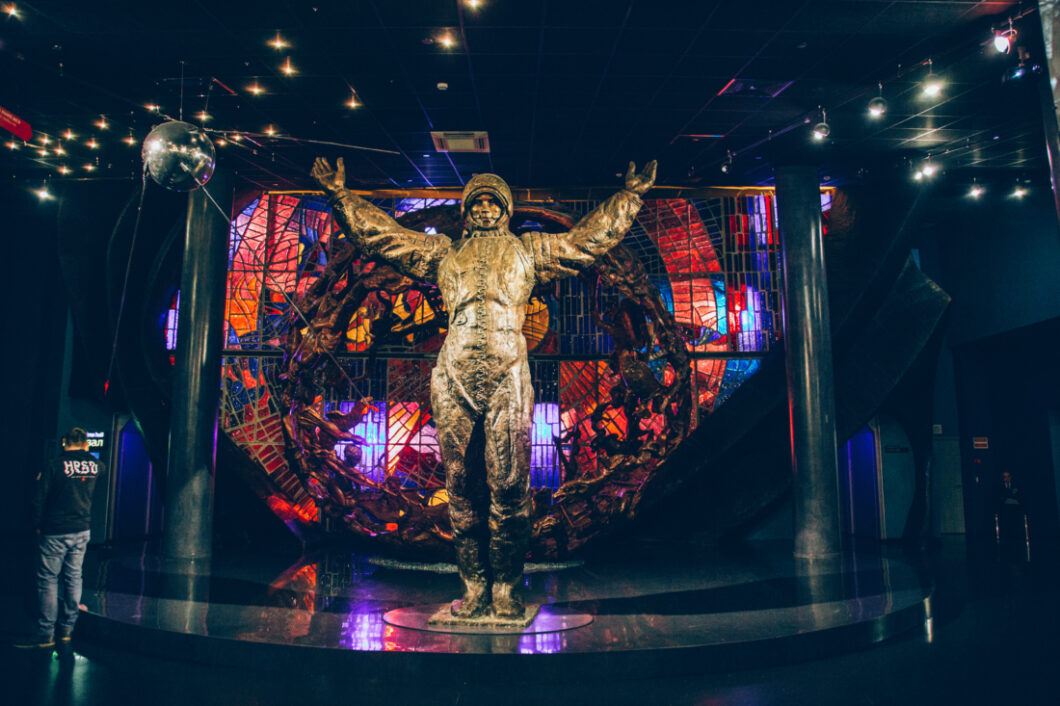 A gold statue of a cosmonaut at The Museum of Cosmonautics in Moscow, Russia. 