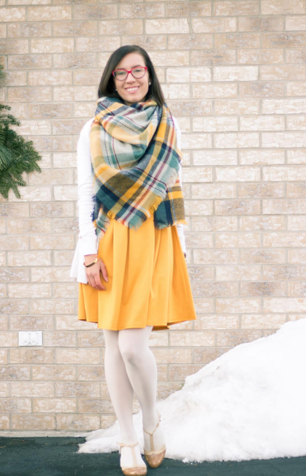 Yellow blanket scarf ModCloth dress