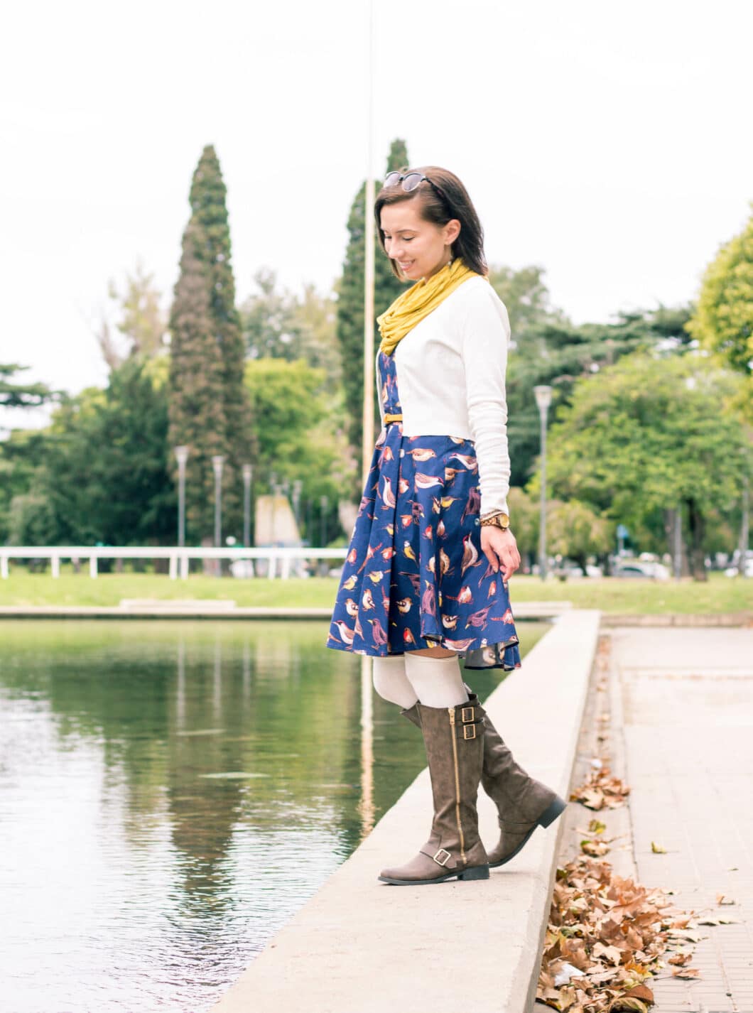 Navy Blue Bird Print Spaghetti Strap Midi Dress