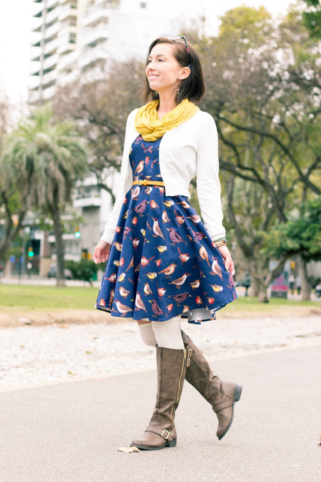 Navy Blue Bird Print Spaghetti Strap Midi Dress