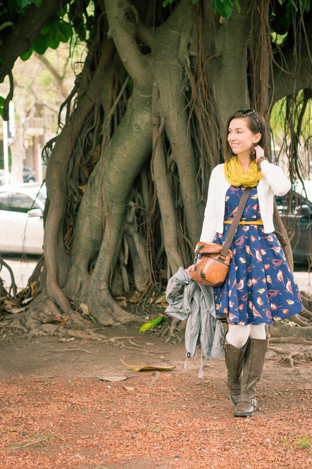 Navy Blue Bird Print Spaghetti Strap Midi Dress