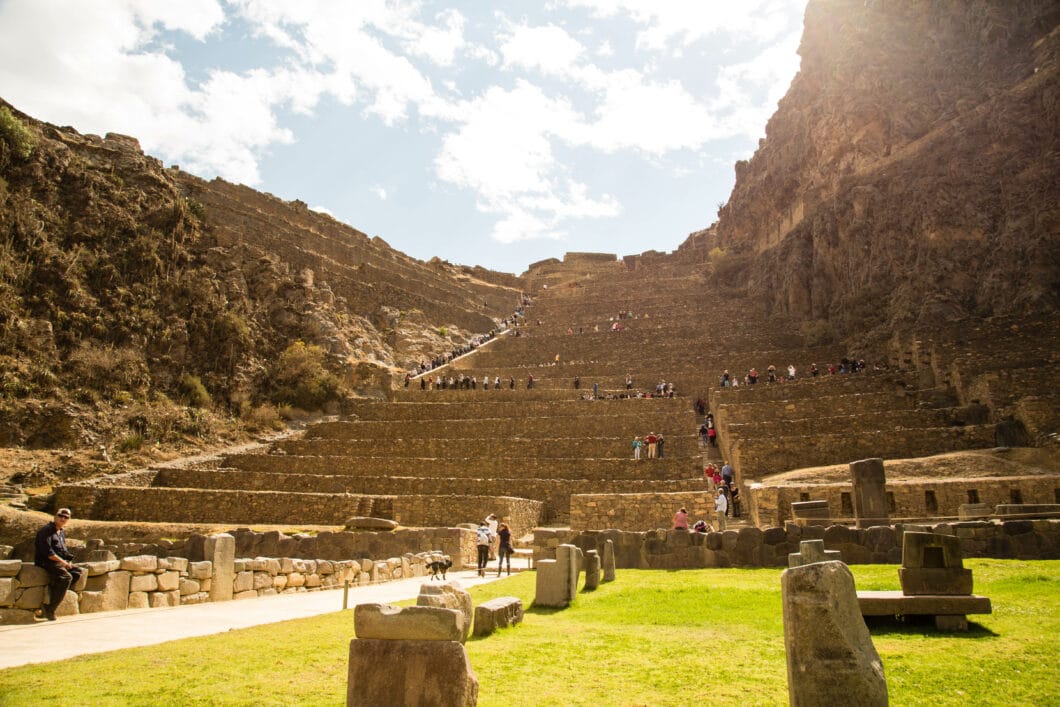 Wide angle view of Ollantaytambo in Peru on a bright sunny day.