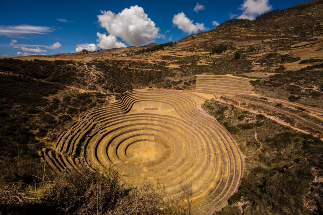 A bird's eye view of Moray Inca Ruin in Peru.