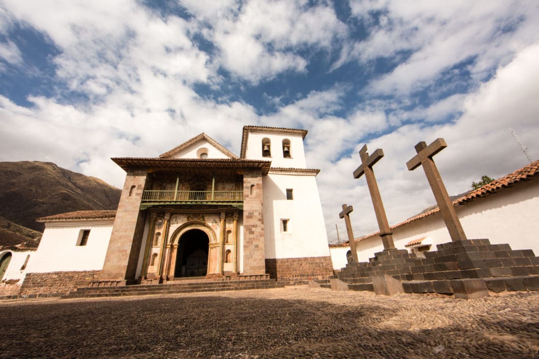 A wide angle shot of the Church of Andahuaylilas in Peru.