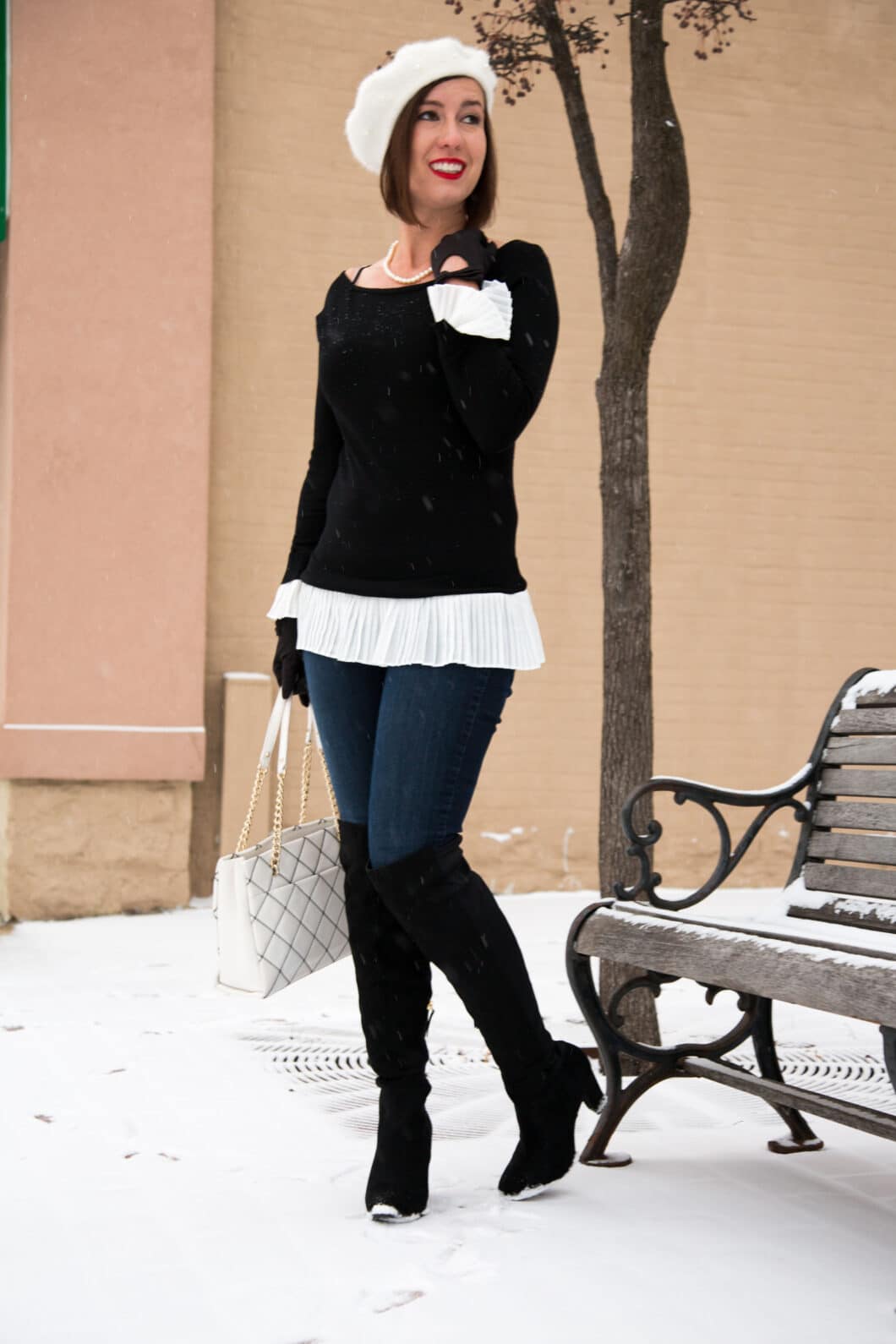 Unique Vintage Beret - DSW OTK Boots - Layered B&W Sweater