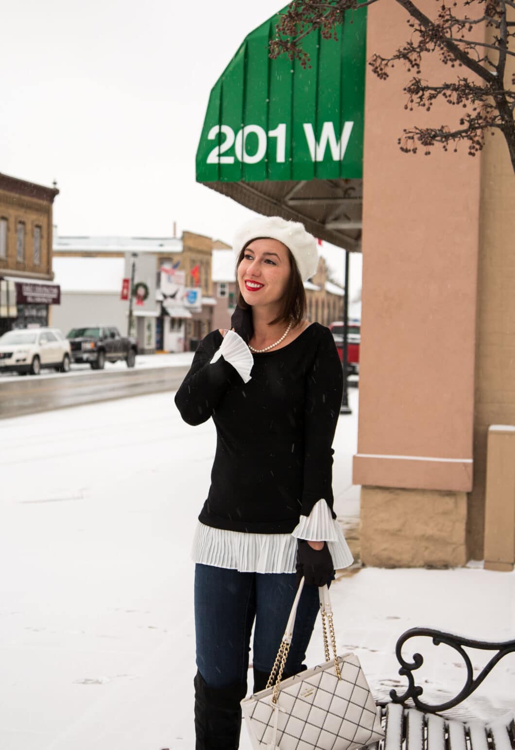 Unique Vintage Beret - DSW OTK Boots - Layered B&W Sweater