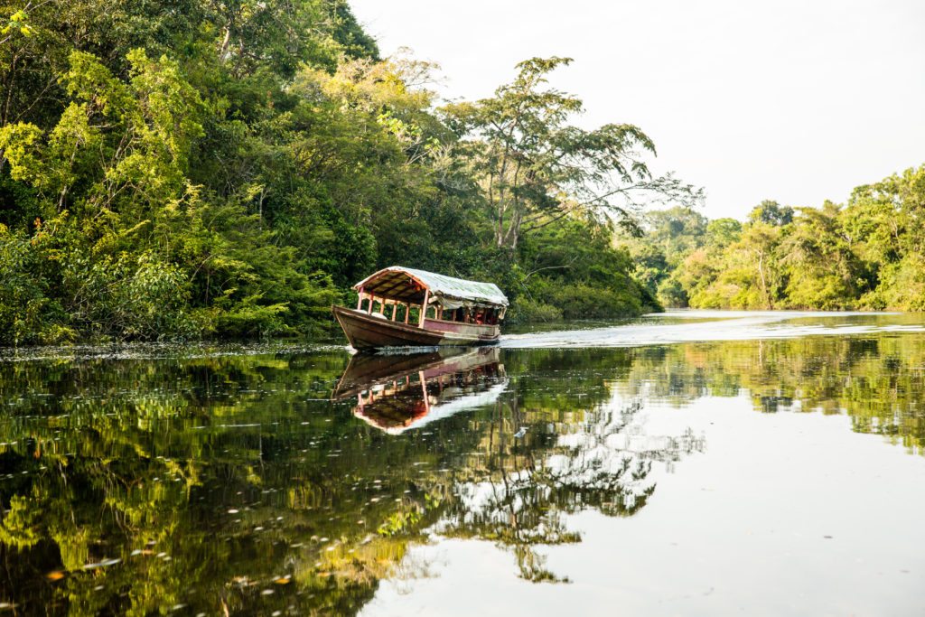 A boat is traveling down the Amazon river.