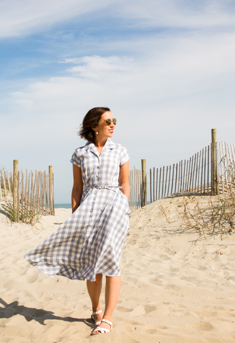 Unique Vintage 1950s Style Light Blue & White Gingham Alexis Short Sleeve Swing Dress