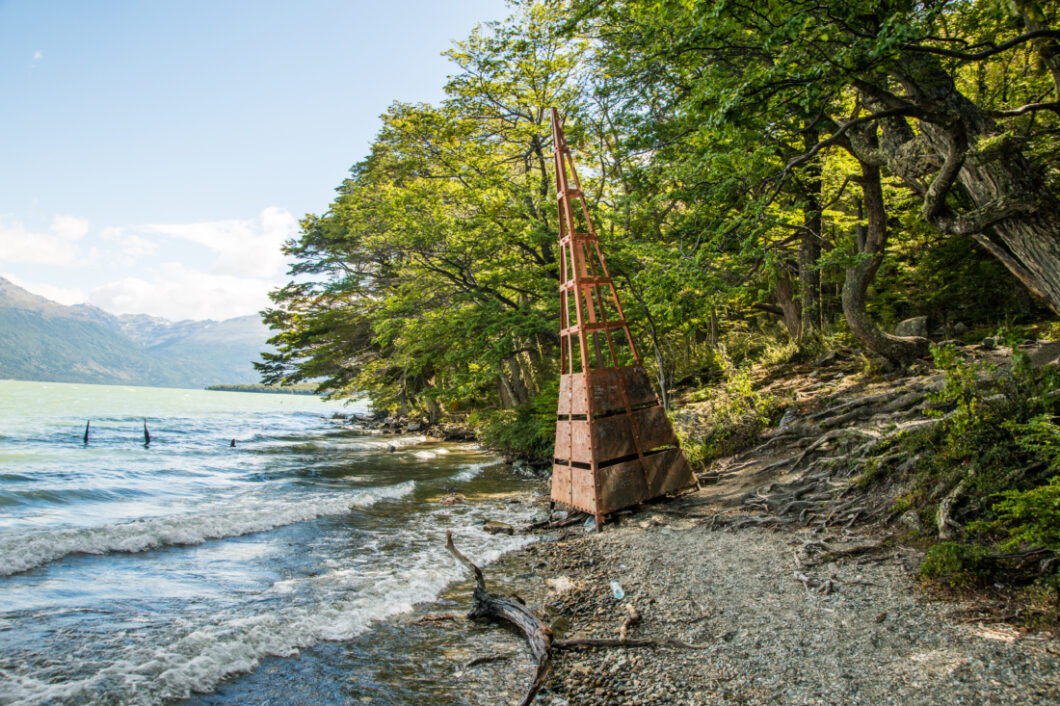 Last landmark of Lake Roca that demarcates the border with Chile in Tierra del Fuego National Park, Argentina.