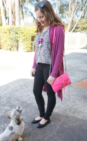 awayfromblue purple cardigan printed tank black nobody denim jeans pink neon pink mini MAC spring