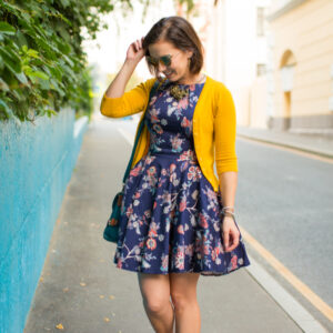 Floral dress + yellow cardigan