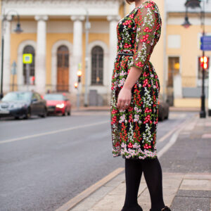 wearing a floral dress for the holidays