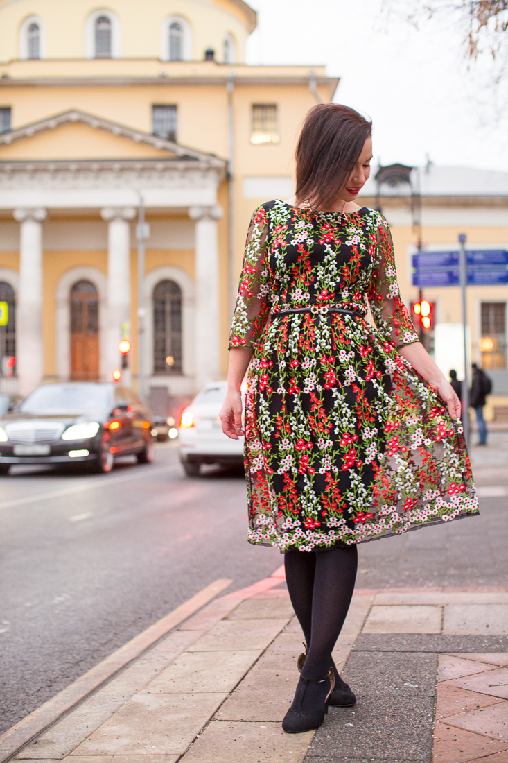 wearing a floral dress for the holidays