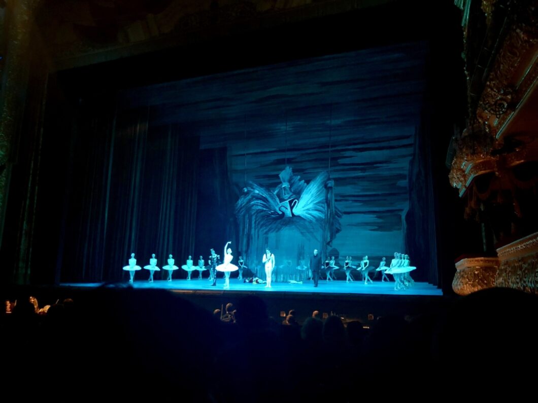 Dancers perform a scene from Swan Lake on stage at the Bolshoi Theater in Moscow, Russia.