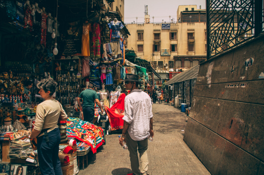 My husband shopping for souvenirs in Khan El Khalili Bazaar in Egypt