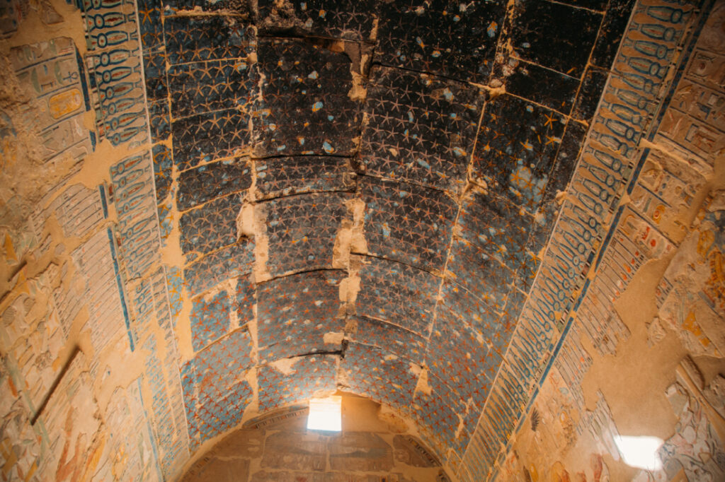 The remnants of murals painted onto the large domed ceilings inside the Temple of Hatshepsut.