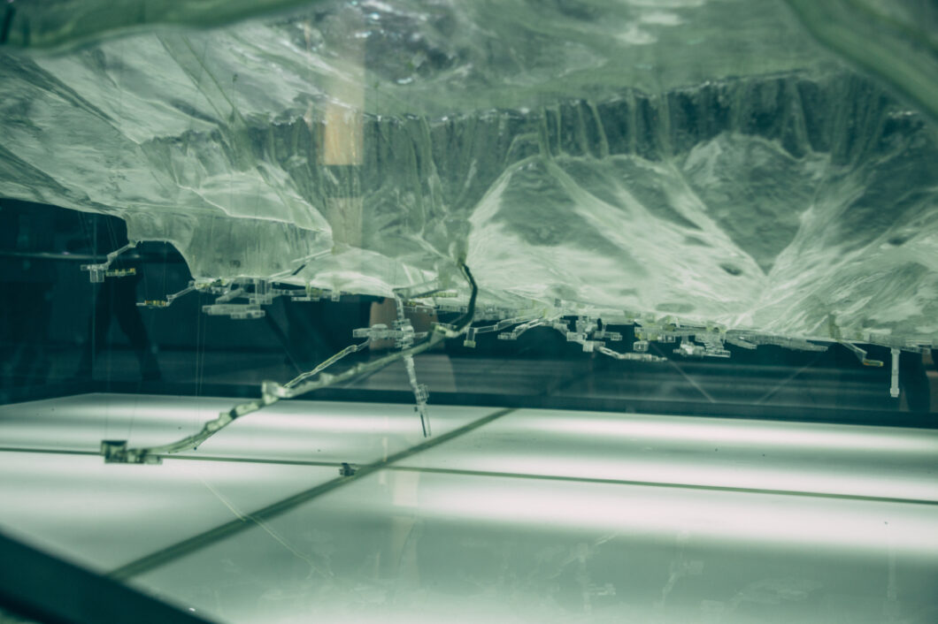 A 3D glass model shows an underground map of the tombs in the Valley of the Kings. Some tombs extend deep down under the Valley's hills.