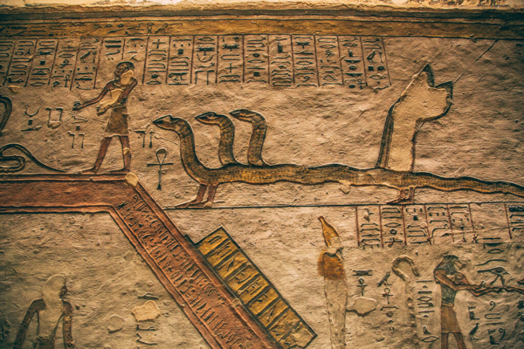 Hieroglyphics in a tomb in the Valley of the Kings in Egypt