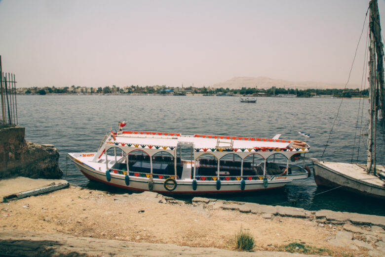 A small motorboat on the Nile River in Luxor to travel between the East Bank and West Bank. 