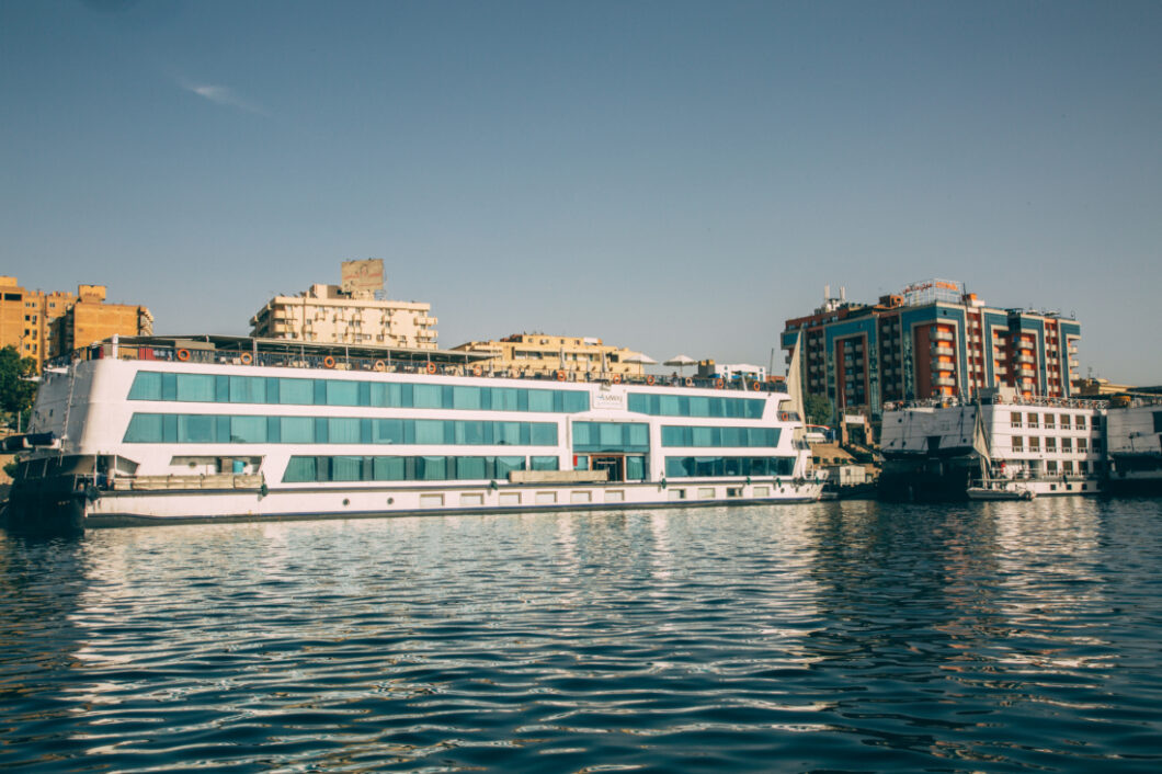 The Amwaj Living stone Nile Cruise boat parked in Luxor