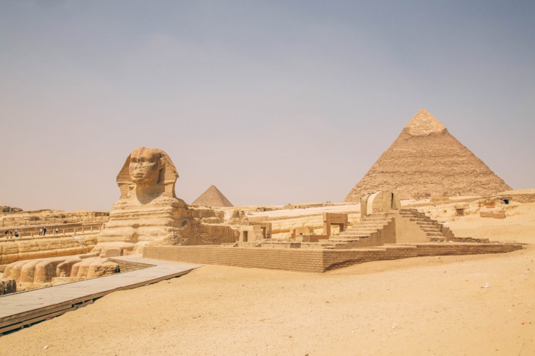 Sphinx and Great Pyramid at Giza Pyramid Complex, Cairo.