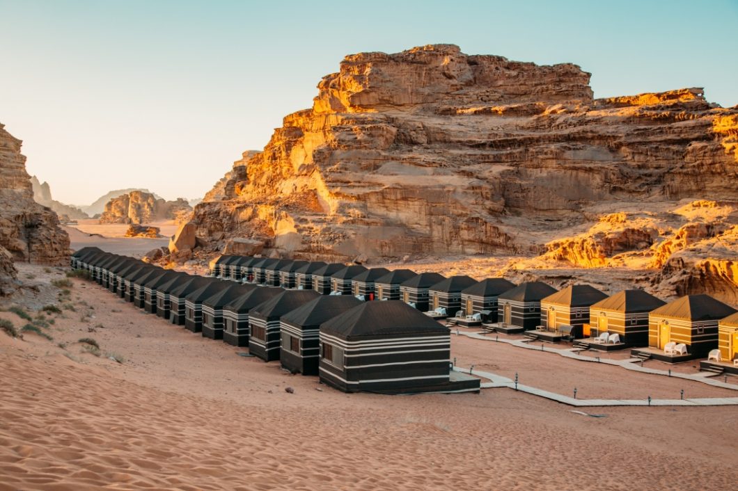 A line of tents in the Wadi Rum desert in jordan.