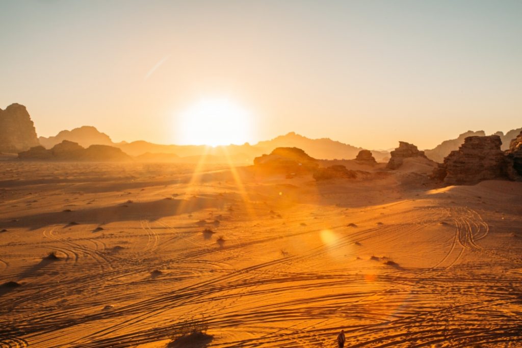 The Wadi Rum Jordan Desert at sunest