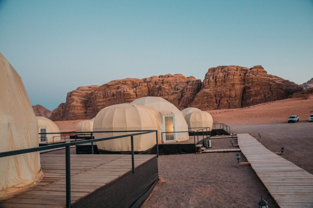 Mazayen Rum Camp Review Martian Tents and walk way in Wadi Rum at dusk