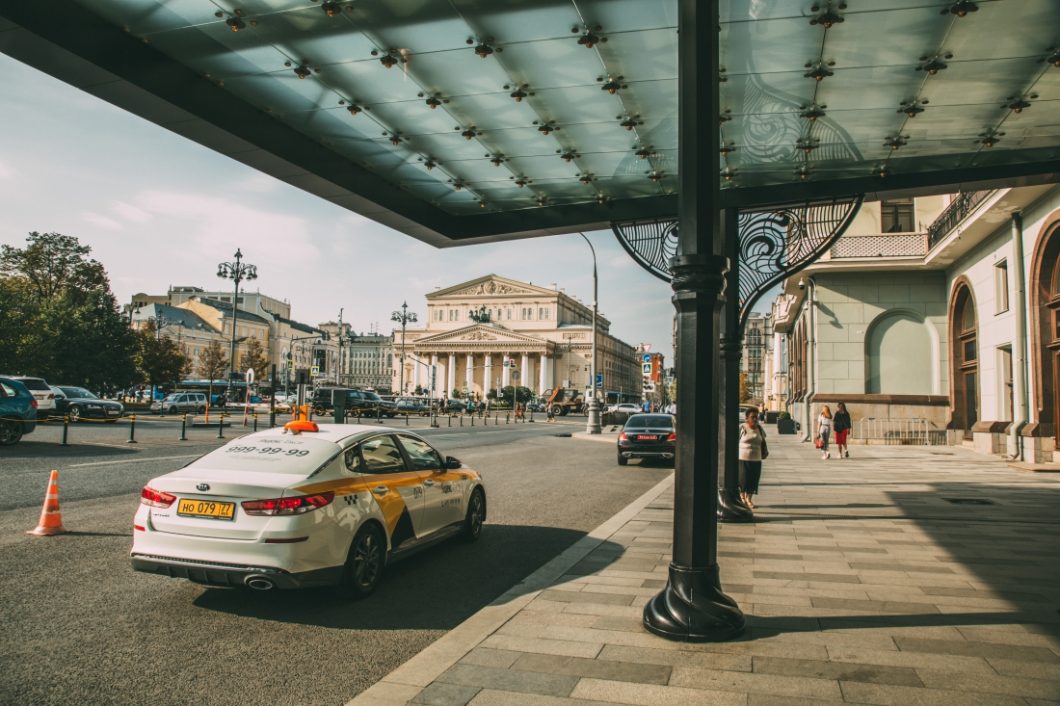 The entrance to the Metropol hotel, looking out on the street towards the Kremlin and Bolshoi in Moscow, Russia.