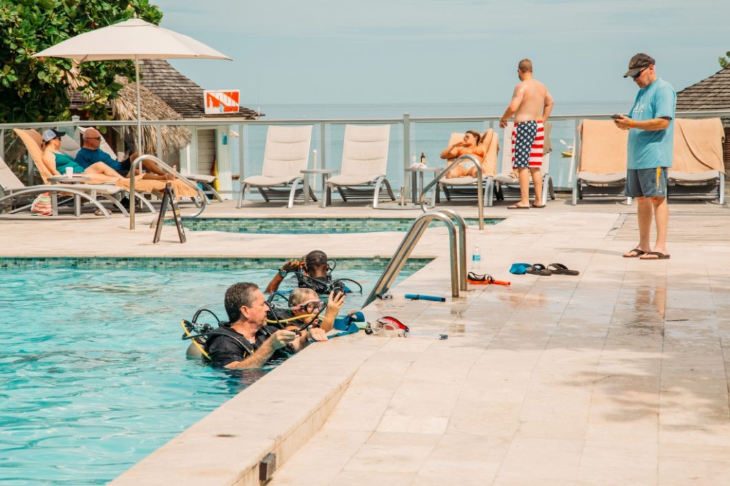 Scuba diving training in the pool at Sandals Montego Bay