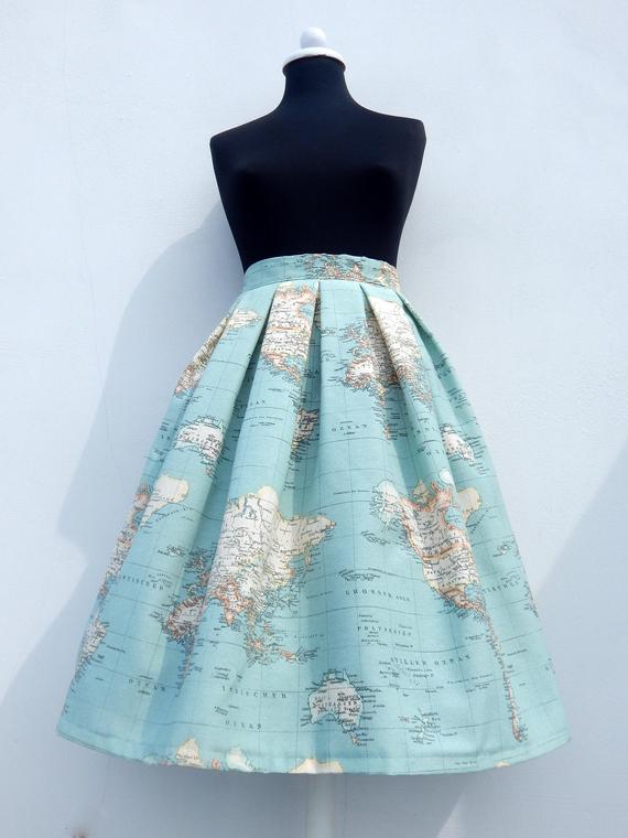 World map skirt in blue, high waisted full skirt, all sizes and plus sizes