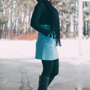 Styling a Denim Skirt With Leggings + Boots for Winter (mini skirt is from Femme Luxe)