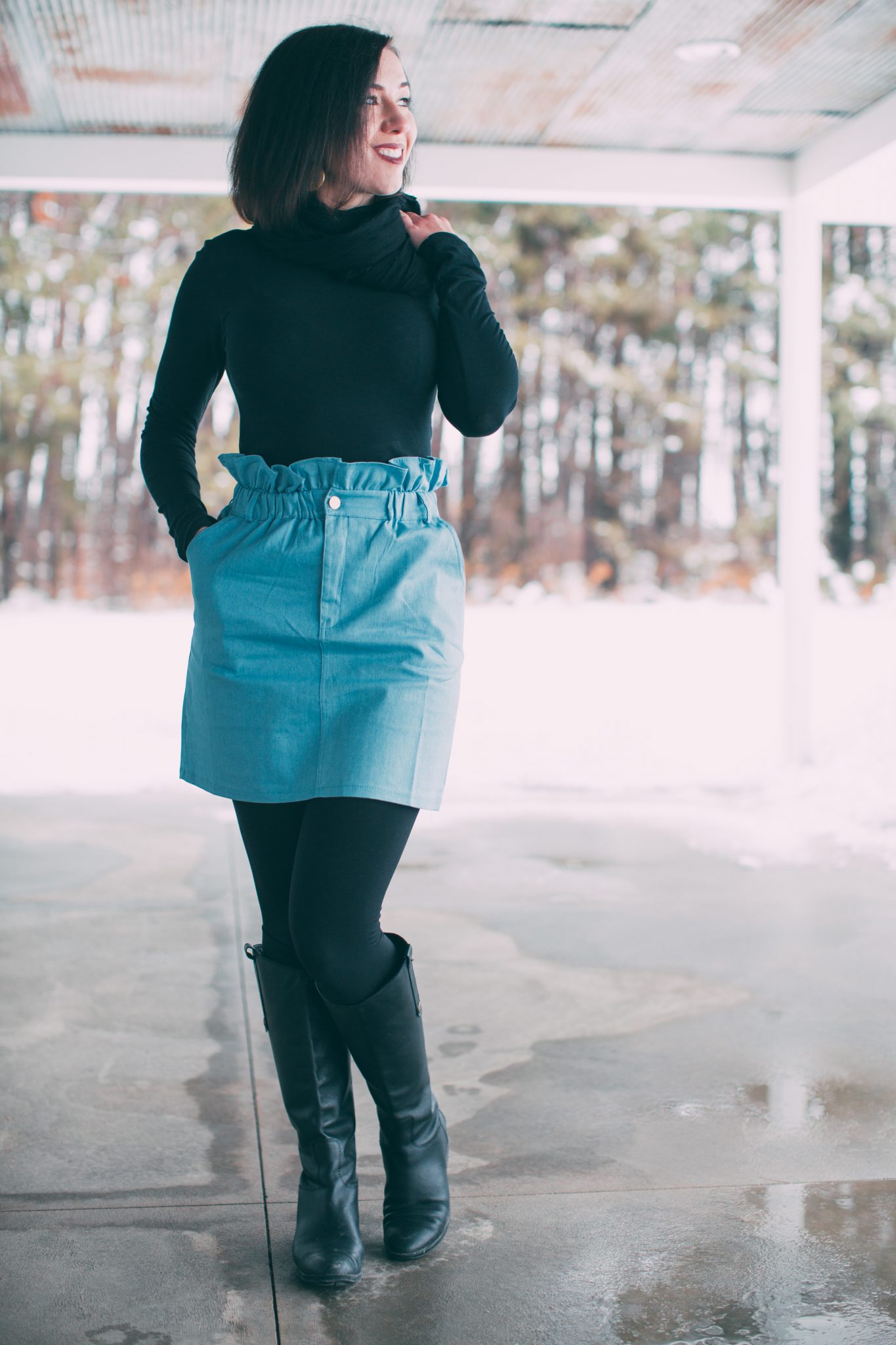 Denim skirt styled for winter