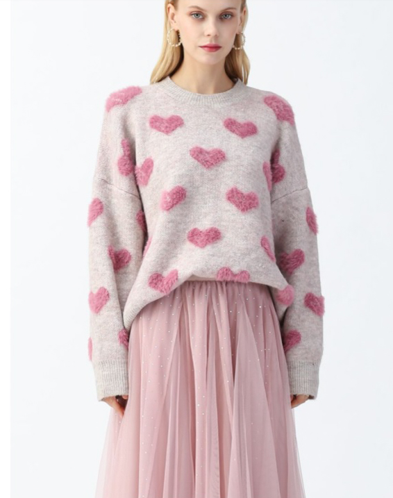 CONTRAST COLOR FUZZY HEARTS KNIT SWEATER