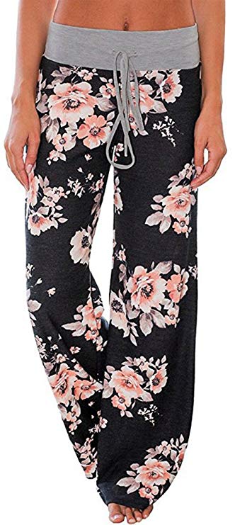 AMiERY Women's Comfy Casual Pajama Pants Floral Print Drawstring Palazzo Lounge Pants Wide Leg