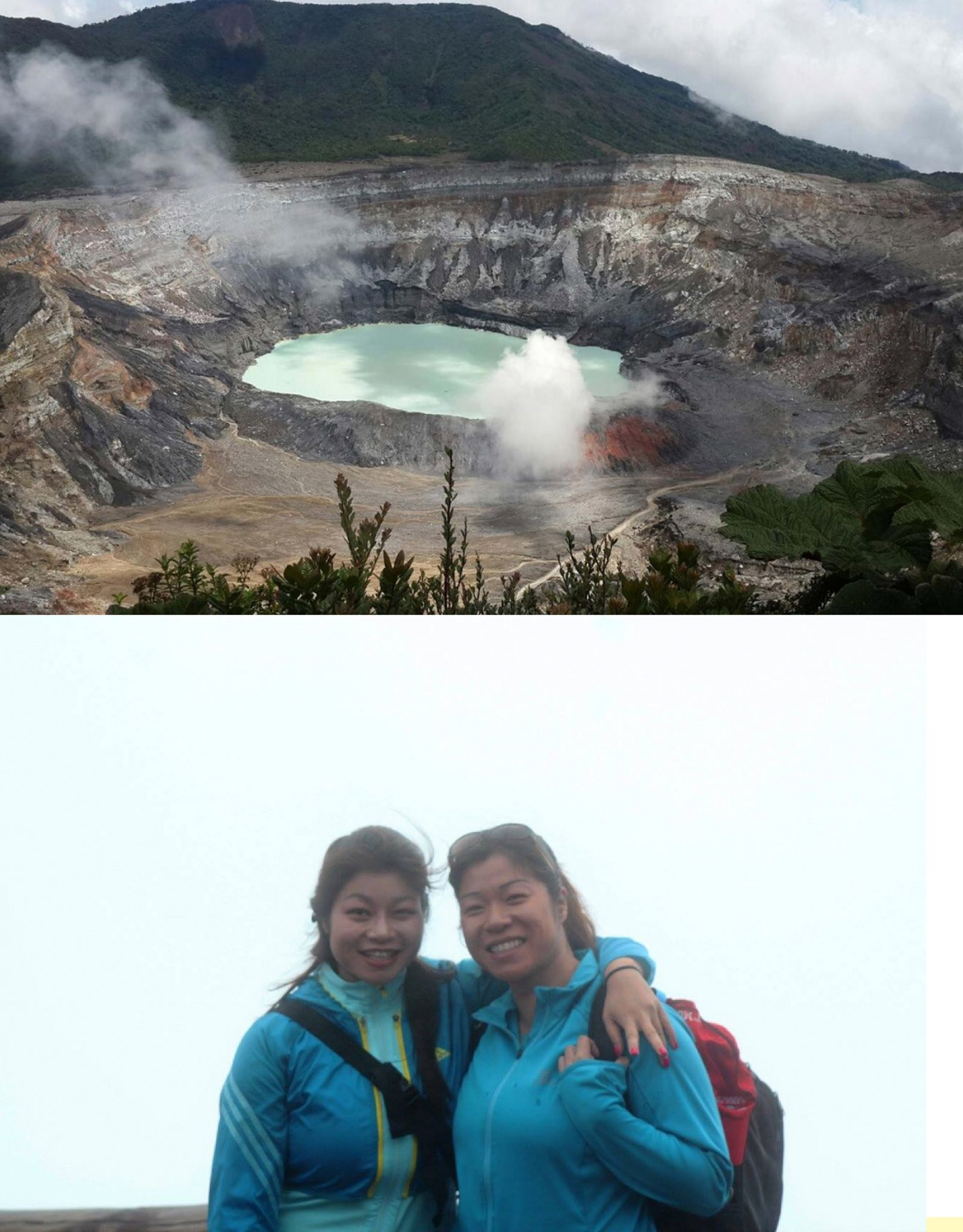 Two images of the Poás Volcano in Costa Rica. The top image shows the view into the volcano, with a steaming crystal clear lake in the valley. The bottom image shows two woman posed in front of a foggy background, where the volcano cannot be seen.