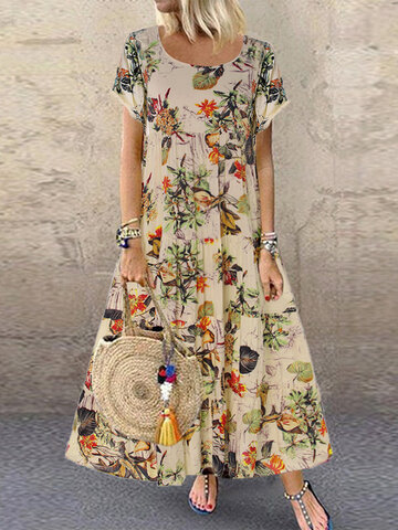 Vintage Floral Printed Short Sleeve Overhead Maxi Dress