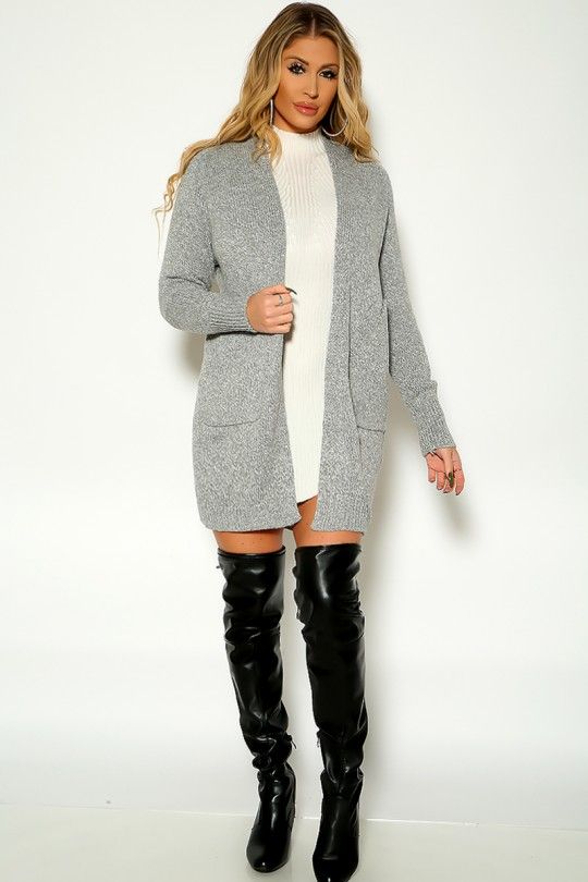 Grey Long Sleeve Open Front Cardigan