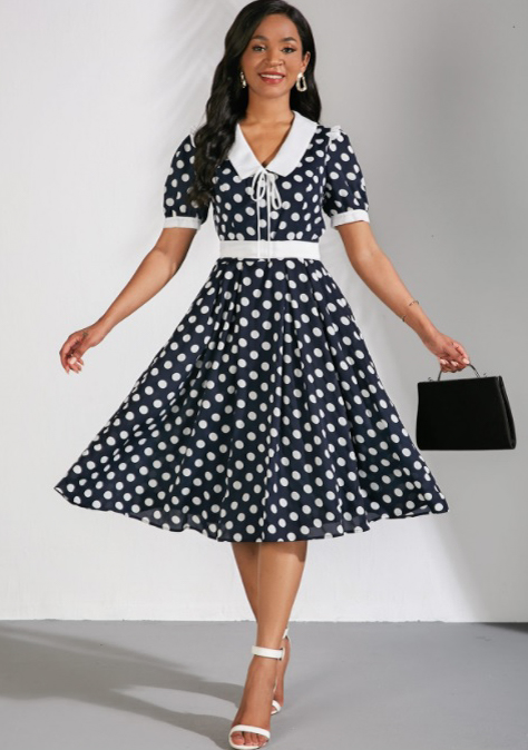 Polka Dots Flat Collar Short Sleeve Dress