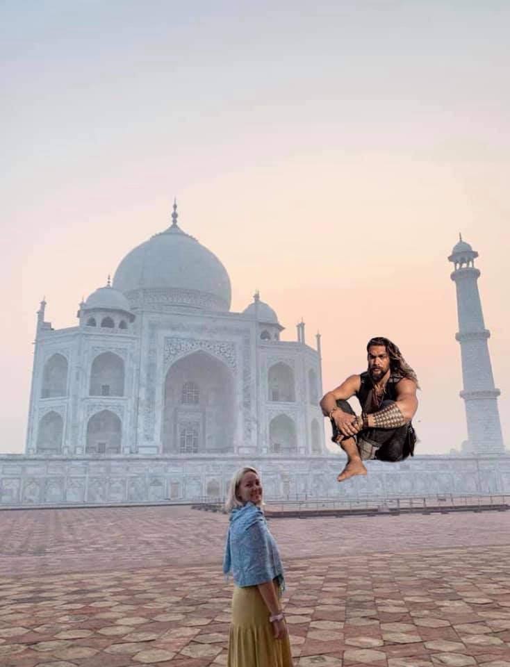 Funny Jason Momoa travel photo edit in India of the Taj Mahal