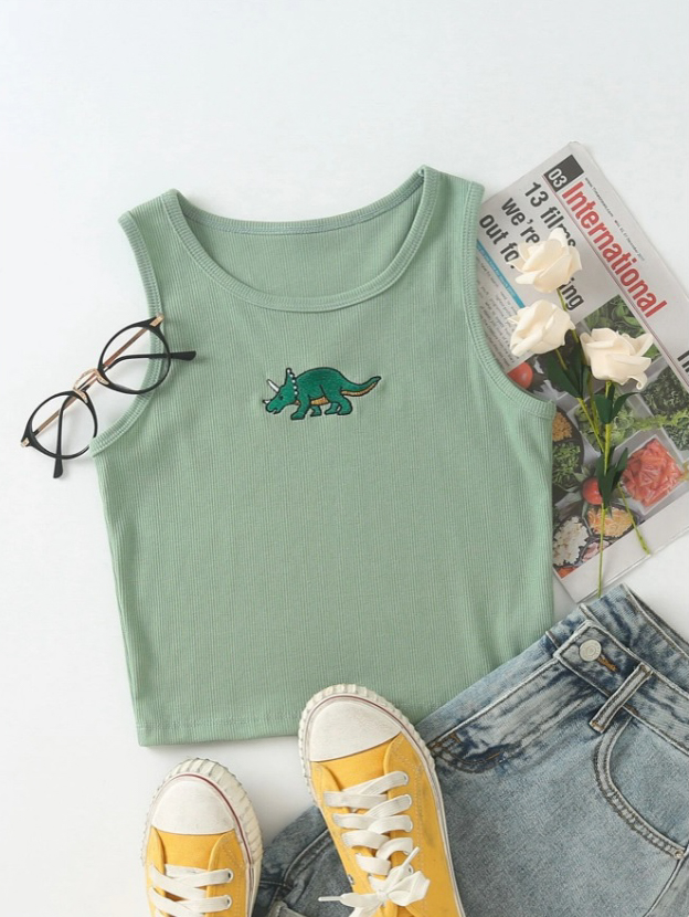 Dinosaur Embroidery Rib-knit Tank Top