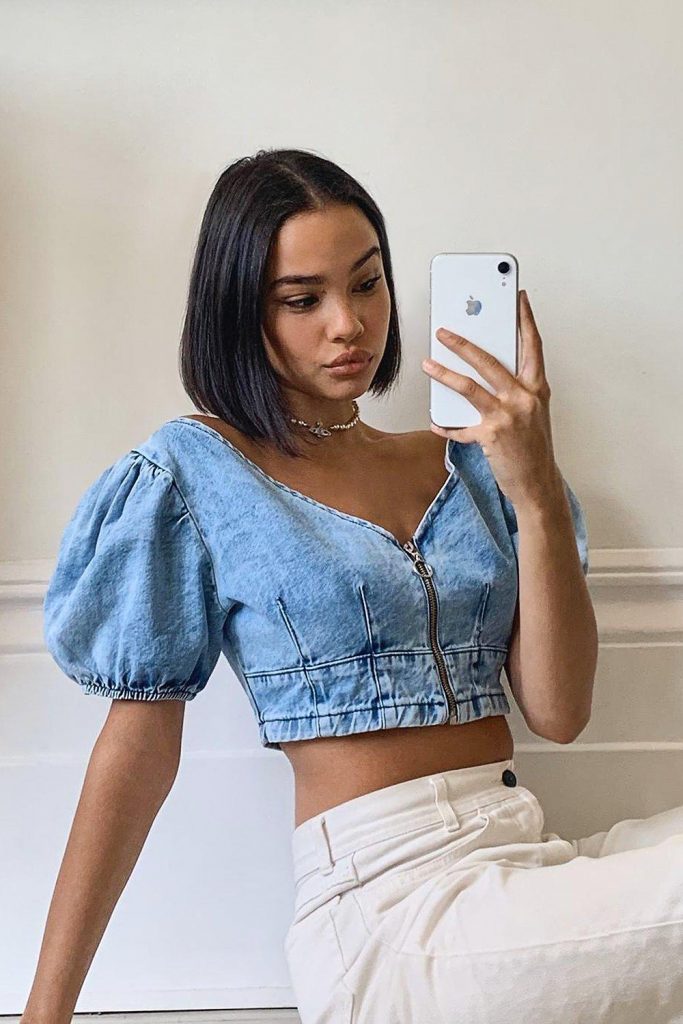 Puff Sleeve Denim Crop Top by boohoo