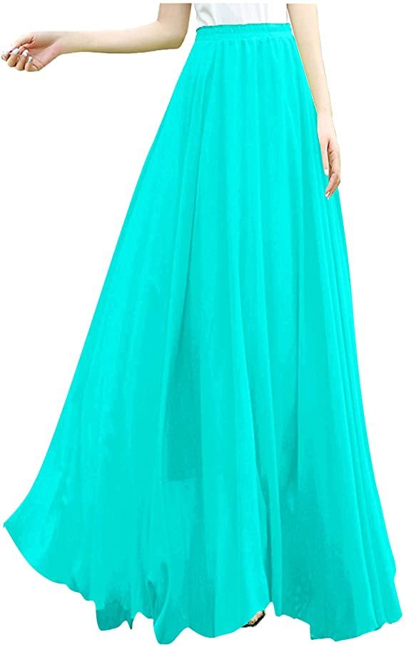 A woman models a long, flowy turquoise maxi skirt, which would be perfect for a mermaid Halloween costume.