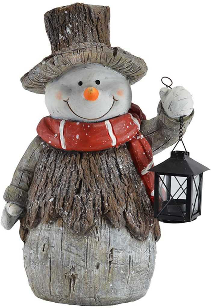 Mark Feldstein & Associates Woodsy Snowman with Lantern LED Light Up 17 Inch Resin Stone Door Greeter Figurine