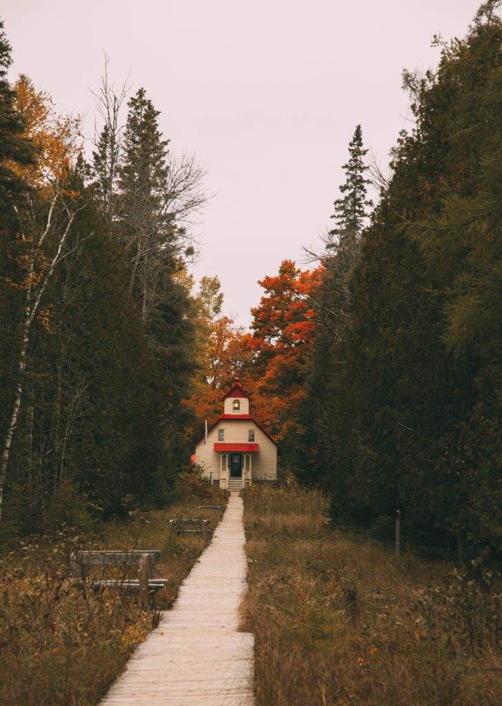 The Ridges Sanctuary lighthouse in Baileys Harbor Door County Wisconsin During fall