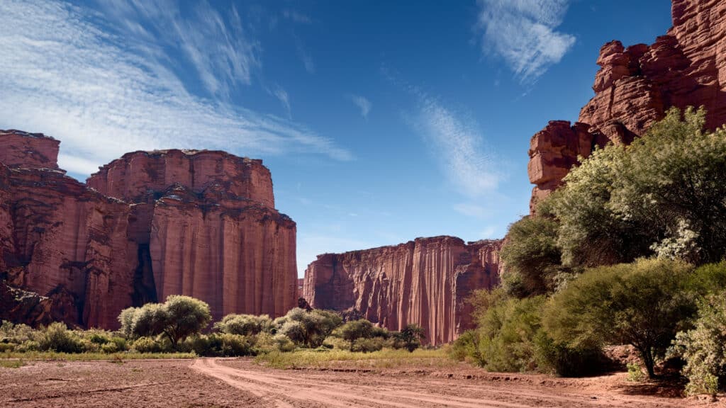 Steep sandstone cliffs in the Talampaya National Park, La Rioja, Argentina. UNESCO world heritage site, and a major touristic destination.