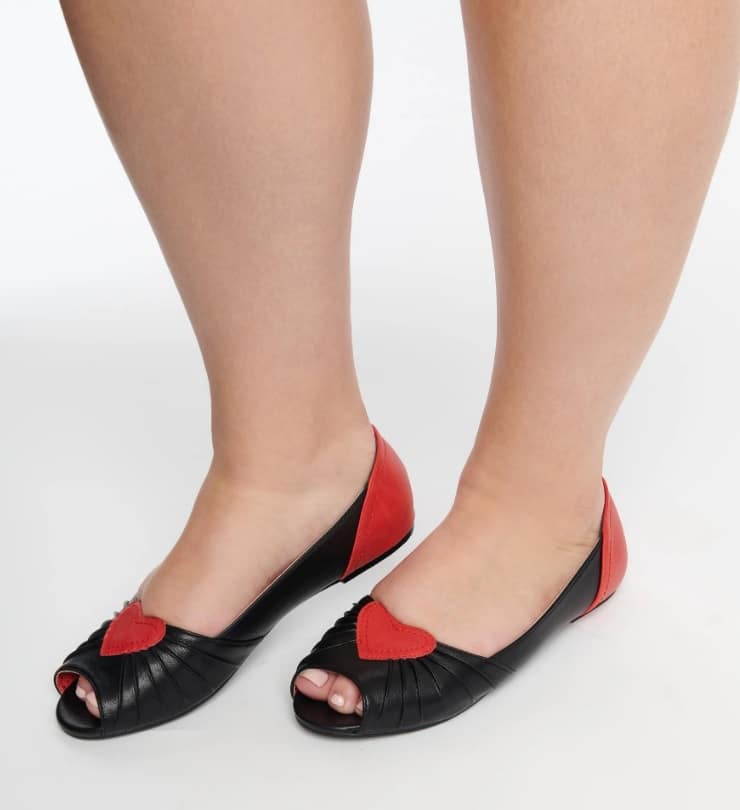 Bettie Page Black & Red Heart Peep Toe Flats