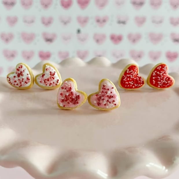 Heart Shaped Sugar Cookie Earrings – Miniature Polymer Clay Food Jewelry – Valentine’s Day or Galentine Gift for Girls