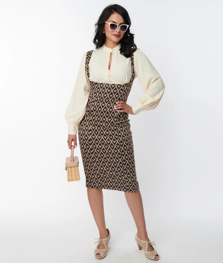 Brown Argyle Hearts Fontaine Suspender Pencil Skirt