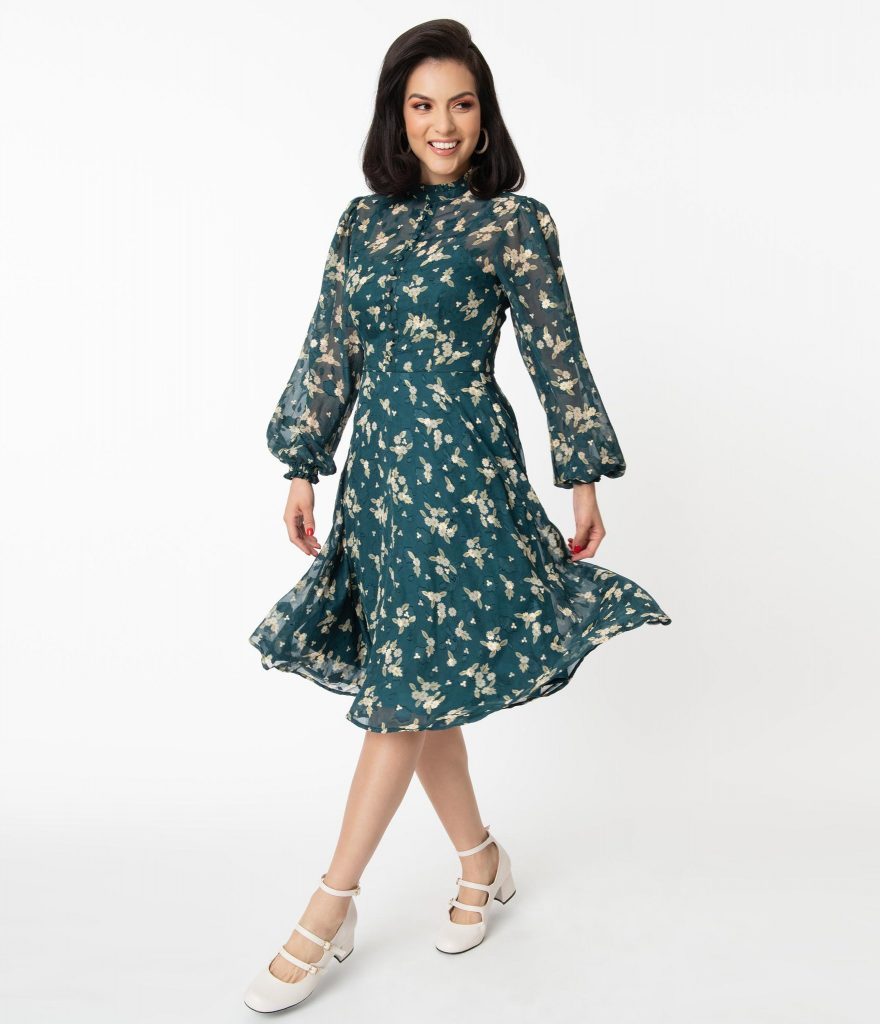 Unique Vintage Teal & White Floral Leota Swing Dress